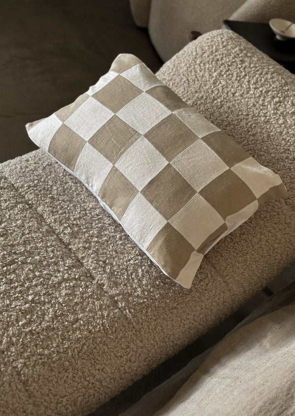 Checkered Throw Pillow Cover, White/Taupe Lumbar