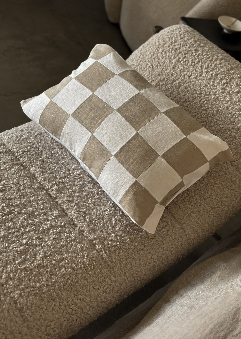 Checkered Throw Pillow Cover, White/Taupe Lumbar